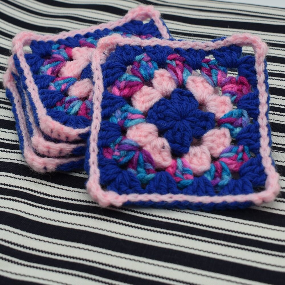 Hand Crafted Crochet Pink And Blue Granny Square Coasters Set Of Four